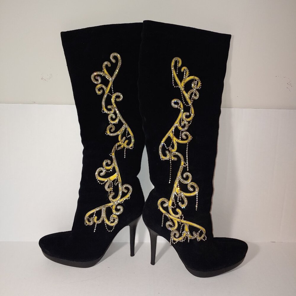 Unze Crystal Embellished  Knee-high Platform Stiletto Suede Boots Size 10 Black